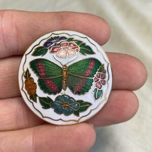 Vintage Cloisonné Bolo Slide Clip Butterfly Flower on White Enamel w/Gold Tone